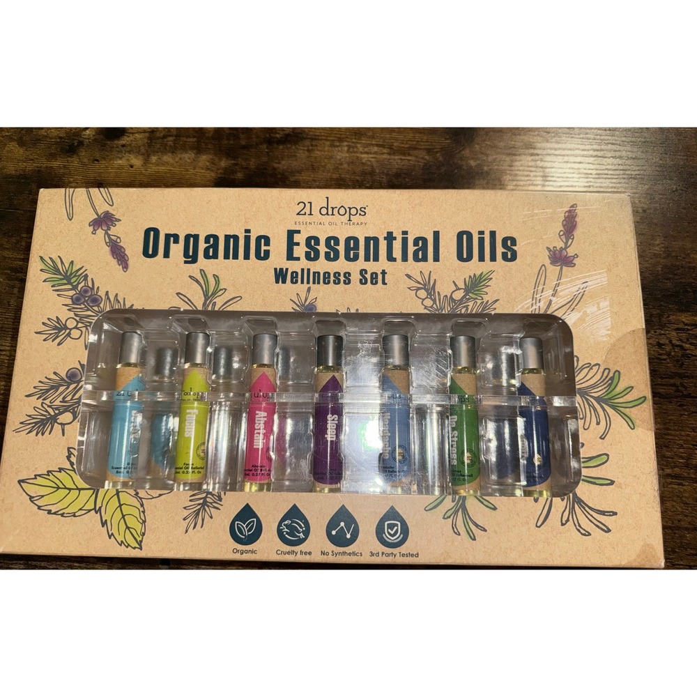 21 Drops Organic Essential Oils Wellness Set 7 Rollerball Blends 8mL Each NIB
